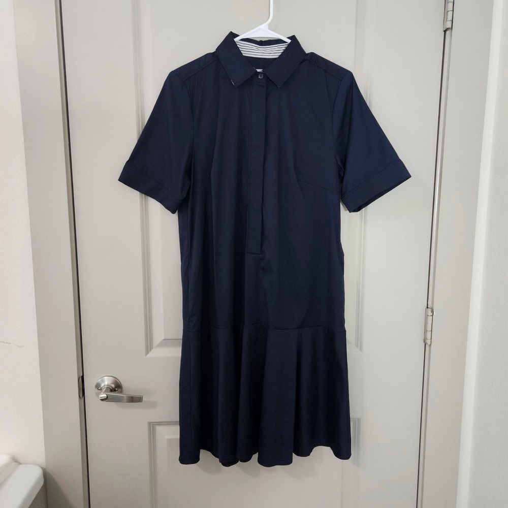 Chicos Navy Blue Cotton Blend Pleated Flounce Hem Shirt Dress Size 1 US 8